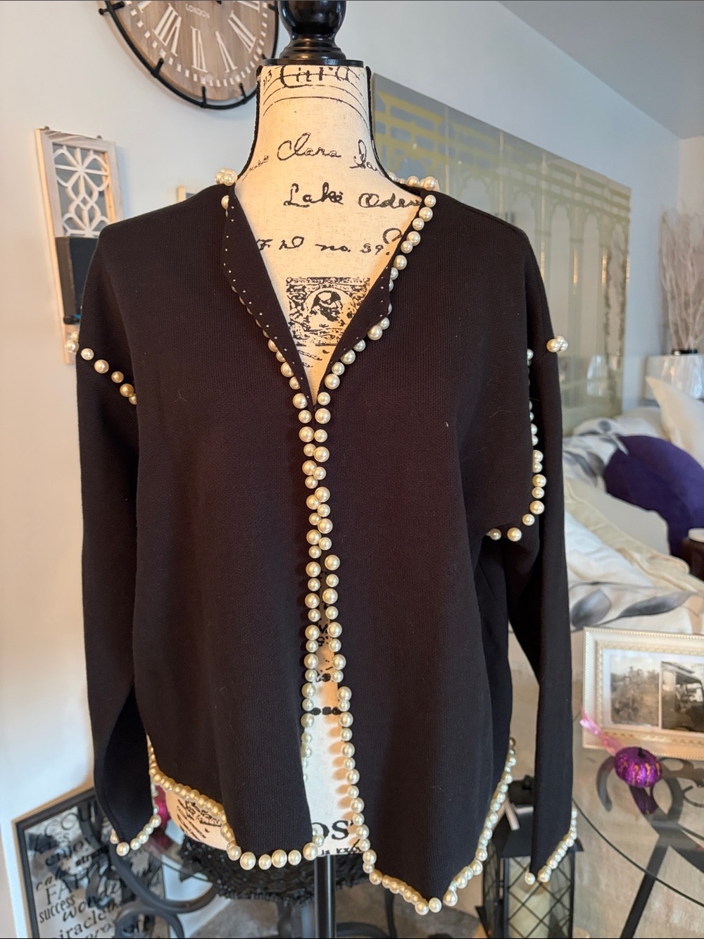 New York & Company Black Pearl-Trim Open Cardigan